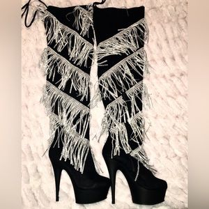 New Pleaser DELIGHT-3065 Platform Thigh High Boots with Rhinestone Fringe detail